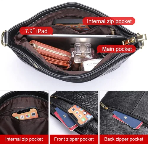 Vista 4 de Aslana Bolso bandolera de cuero genuino con relieve floral para mujer