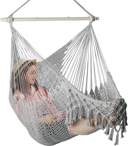 Vista 9 de Bathonly Silla hamaca de cuerda de algodón tejida a mano con barra separadora de metal, hamaca caribeña, silla colgante bohemia para dormitorio