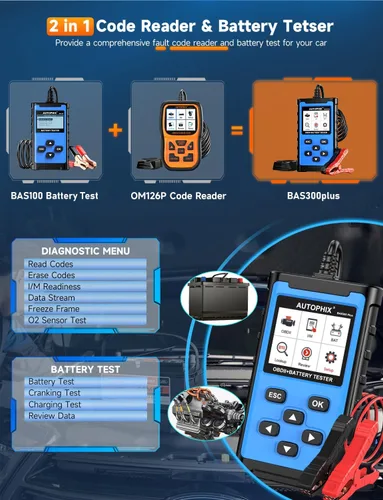 Vista 2 de AUTOPHIX Escáner OBD2 2 en 1 con probador de batería, BAS300 Plus 12V 100-2000 CCA carga de batería prueba de arranque lector de código de coche