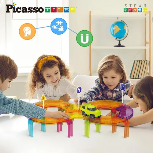 Vista 7 de PicassoTiles Pista de Carreras de Coches Magnéticos Azulejos Viaje Juguetes Sensoriales Imantados para Niños Pequeños STEM Educativo Aprendizaje