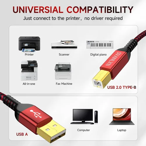 Vista 4 de Cable de impresora de 6 pies, USB A a B 2.0, cable de impresora USB trenzado de nailon de alta velocidad, cable MIDI USB compatible con HP, Epson