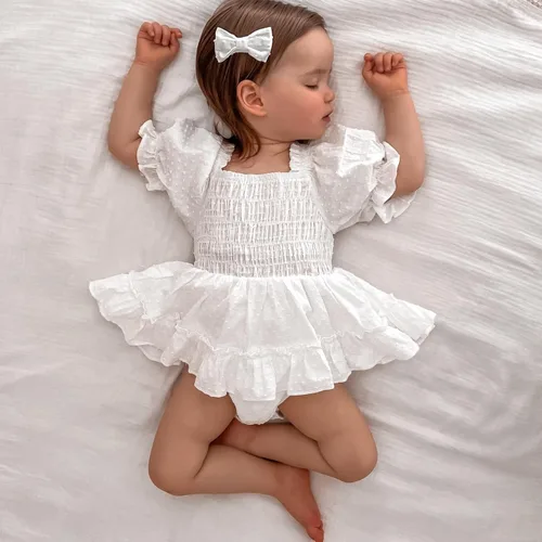 Vista 16 de Mameluco para bebés y niñas de 3, 6, 9, 12, 18 meses, enterizo de manga corta, fruncido, faldas y dobladillo, diadema