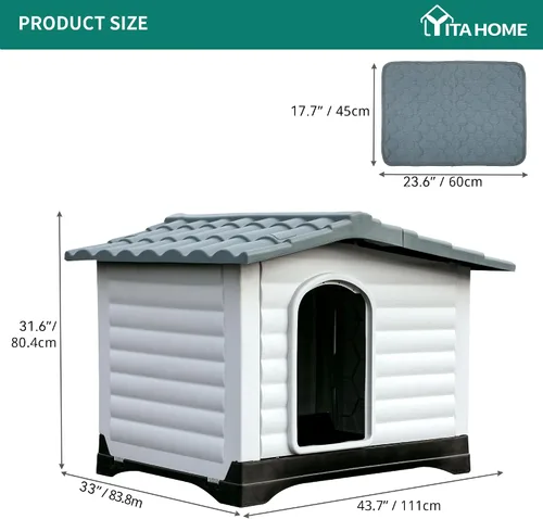 Vista 6 de YITAHOME Casa para perros grande de 2 puertas con base elevada y cojín, casa de plástico para perros pequeños y medianos, fácil montaje, impermeable