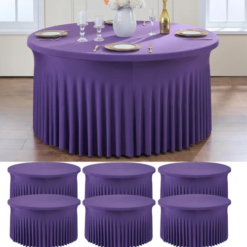 Vista 21 de Paquete de 6 manteles redondos de elastano azul bebé para mesa de 60 pulgadas, manteles elásticos de 120 pulgadas ajustables de 5 pies, manteles