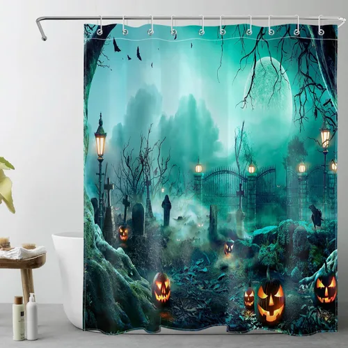 Vista 15 de LB Cortina de ducha de Halloween, cementerio de terror, fantasma, gatos negros en árbol, calabaza, cortinas de ducha para baño con ganchos, 60 x 72