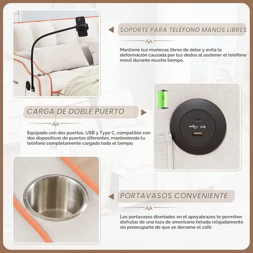 Vista 4 de Antetek Sofá cama con puerto USB y tipo C, moderno sofá biplaza convertible 3 en 1 de terciopelo extraíble con soporte para teléfono/portavasos