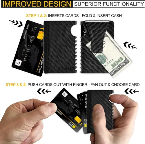 Vista 6 de Fidelo Cartera minimalista para hombres RFID de fibra de carbono delgado viaje dinero clip tarjeta de crédito titular