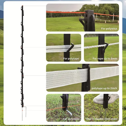 Vista 3 de Step-in Fence Posts 42 Pack, 66.6 Inch Plastic Post with Double Steel Stake, 18 Clips for Electric Wire Tape Rope, Black, Temporary Fencing