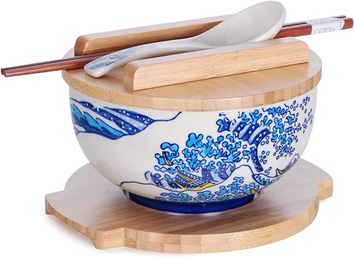 Vista 7 de Happy Sales HSKM-CHRYB8, juego de tazón para ramen, fideos de arroz estilo vintage japonés Kamameshi con tapa de bambú, esterilla, palillos