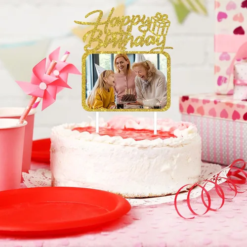 Vista 5 de Decoración para tarta de cumpleaños con marco de fotos, decoración de pastel de cumpleaños para niña, niño, mujer, hombre, cumpleaños, foto, pastel