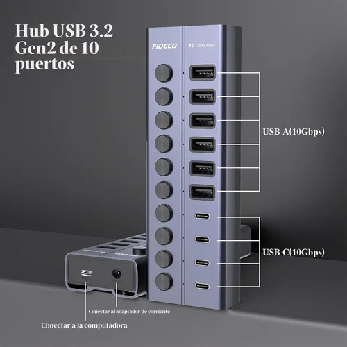 Vista 5 de FIDECO Hub USB alimentado de 60 W para laptop y PC, divisor USB de 10 puertos de 10 Gbps con adaptador de corriente de 12 V 5 A, adaptador