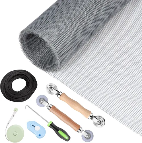 Vista 9 de Kit de reparación de mosquiteros de ventanas y puertas mosquitero, malla de fibra de vidrio color carbón de 48"x118" con herramienta de Negro