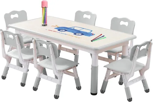 Vista 11 de Juego de mesa y silla para niños, altura ajustable, juego de mesa y silla para niños pequeños y 6 sillas con escritorio a prueba de grafiti, patas
