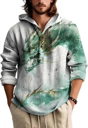 Vista 21 de Sudadera con capucha con estampado novedoso para hombre, multiestilo, manga larga, casual, con botones de un cuarto