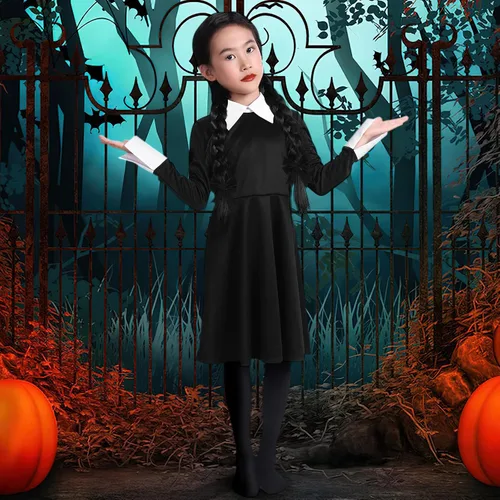 Vista 5 de Wigood Vestido de fiesta para niña de manga larga casual con cuello Peter Pan ajustado y acampanado con calcetines altos de 4 a 14 años Negro