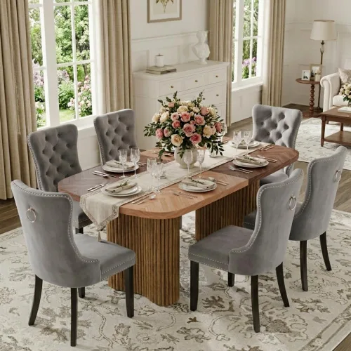 Vista 9 de Mesa de comedor extra larga de 78.7 pulgadas para 6-10 personas, mesa de cocina moderna con bases estriadas, mesa de comedor rectangular de granja