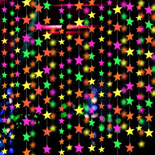 Vista 12 de Guirnalda de Papel Neón de 110 pies, Serpentinas Neón, Estrella Perforada, Decoraciones Neón de Luz Negra que Brillan para Fiestas, Reactivas a UV