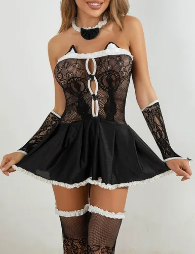 Vista 6 de Anmego Conjunto de lencería sexy para mujer. Conjunto de lencería sexy de malla para cosplay de sirvienta. Disfraces sexys para juegos de rol.