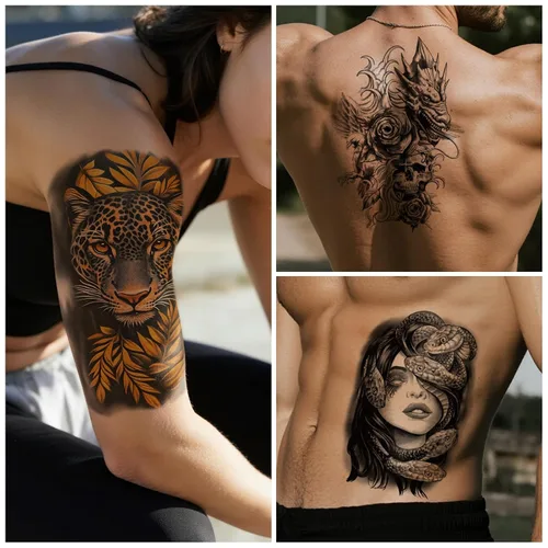 Vista 8 de 36 hojas de tatuajes temporales para hombres, mujeres y adultos, 12 hojas de gran tamaño, 3D, media manga, tatuajes falsos negros, tatuajes