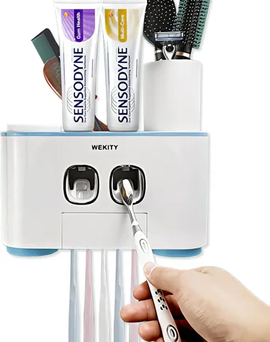 Vista 11 de Portacepillos de Dientes, Portacepillos de Dientes Multifuncional Montado en Pared, Dispensador de Pasta de Dientes para Baño con 2 Exprimidores
