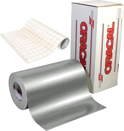 Vista 4 de ORACAL 651 Vinilo adhesivo metálico plateado brillante para manualidades, 12 pulgadas x 6 pies, incluye rollo de papel de transferencia transparente