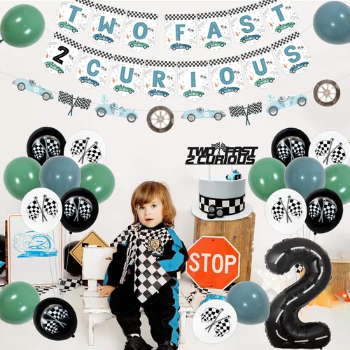 Vista 3 de Jollyboom Two Fast Two Curious - Decoración de segundo cumpleaños, paquete de fiesta de coche de carreras con pancarta, guirnalda, decoración