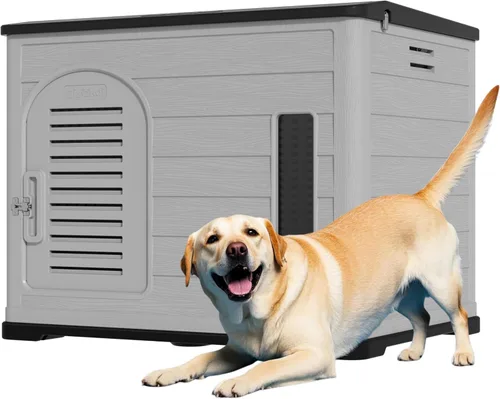 Vista 10 de Casa para perros de plástico de doble pared para interiores y exteriores, casa aislada de doble refuerzo impermeable para perros pequeños, cobertizo