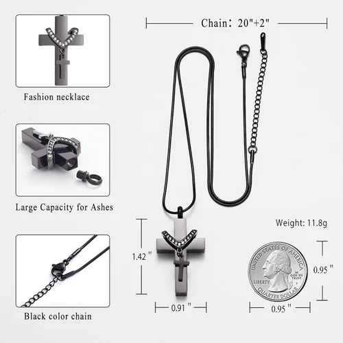 Vista 2 de Dije de urna para cenizas de cremación, diseño de cruz de acero inoxidable