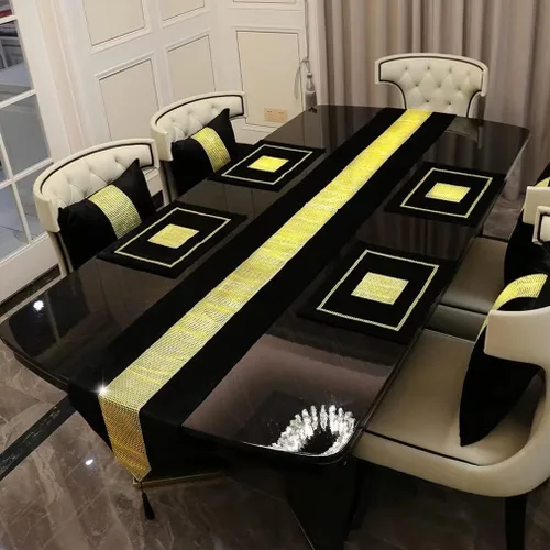 Vista 4 de Juego de 2 manteles individuales de Navidad, manteles individuales para mesa de comedor, lentejuelas doradas, diamantes de imitación, color negro