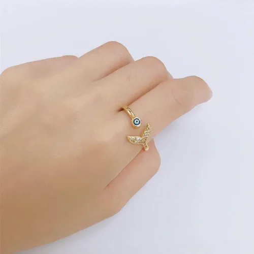 Vista 5 de Anillo de cola de sirena azul con circonita cúbica delicada chapada en oro y compromiso de compromiso de moda, apilable, abierto y ajustable