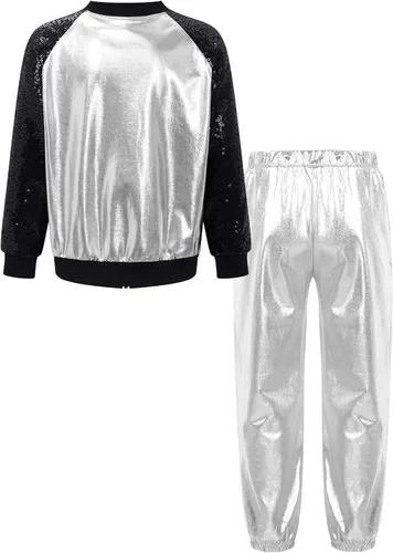Vista 2 de TiaoBug Disfraz de baile de jazz hip hop para niños y niñas, brillante, metálico, manga larga, chaqueta bomber y pantalones deportivos