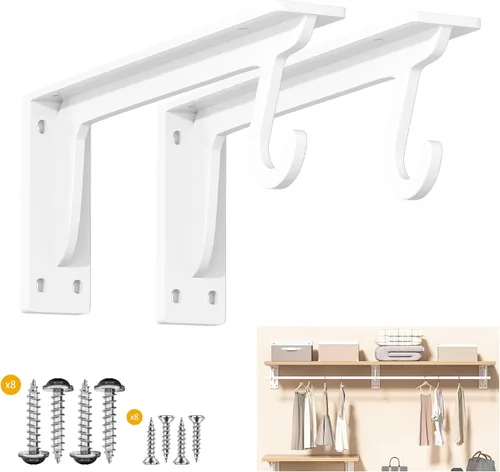 Vista 12 de Soportes para barra de armario, soporte resistente de 400 libras, soportes de estante de armario con soporte para barra para armario, baño y cocina