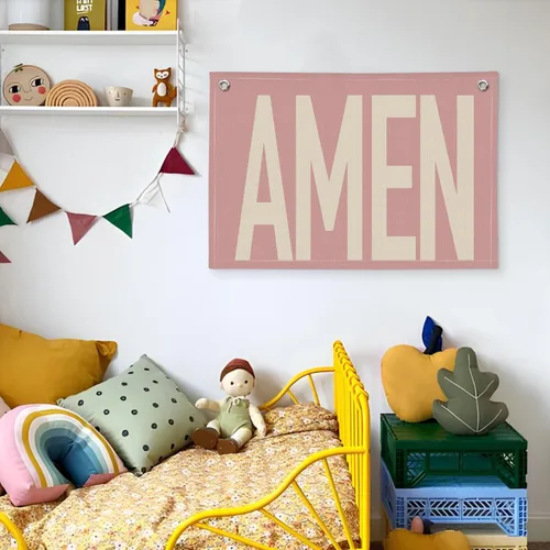 Vista 5 de Rosa "AMEN" Arte de Pared 20x30 Pulgadas - Decoración Cristiana Coquette, Colgante para Dormitorio de Niñas, Bandera de Oración de Lino, Letrero