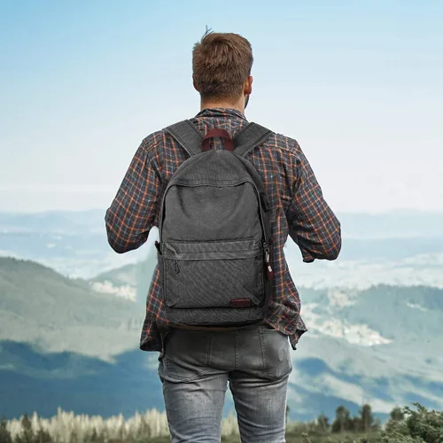 Vista 4 de Mochila de lona Muzee para hombres y mujeres con compartimento para laptop Negro