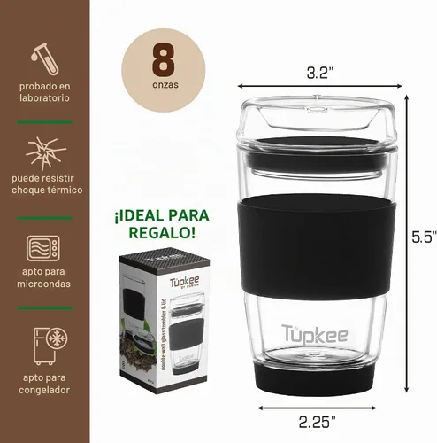 Vista 5 de Vaso de vidrio de doble pared, 8 onzas, vaso de té/café aislado y reutilizable hecho completamente de vidrio soplado a mano con tapa, taza de viaje