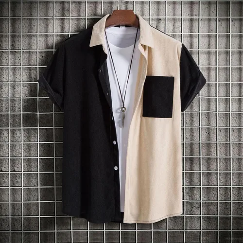 Vista 2 de Camiseta de manga corta con estampado de patchwork de lino y algodón para Hombre, blusa con botones bolsillo hawaiano