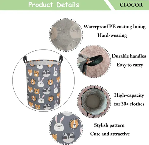 Vista 7 de CLOCOR Cesta de lavandería para niños, contenedor de almacenamiento de tela plegable, cesta de guardería para niños, cubo de juguetes para niños