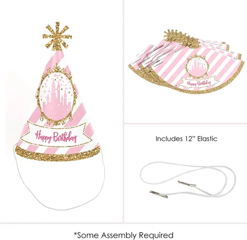 Vista 4 de Big Dot of Happiness Corona de princesita – Cono rosa y dorado princesa feliz cumpleaños sombreros para niños y adultos – Juego de 8