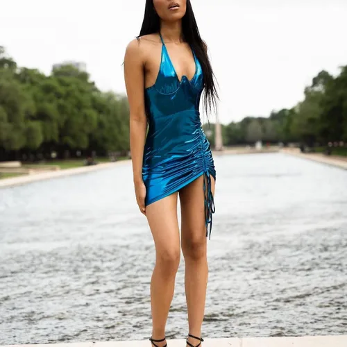 Vista 4 de Women's Sexy Sparkly Corset Dress Ruched Halter Metallic Shiny Bandage Bodycon Party Club Mini Dress