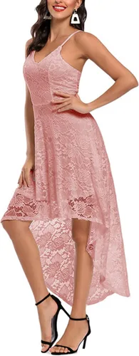 Vista 6 de AQQYA Vestido de encaje sin mangas con tirantes delgados para mujer vestido de cóctel para fiesta cuello en V vestido de patinadora de cóctel alto