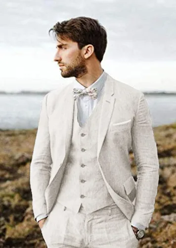 Vista 7 de Furuyal Traje de lino de 3 piezas vintage retro para boda, trajes de graduación, chaqueta ajustada, chaqueta de esmoquin para novio
