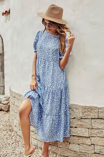 Vista 7 de PRETTYGARDEN - Vestido para mujer, estilo veraniego, bohemio y casual, con manga corta, estampado floral y volantes, fluido, largo por debajo