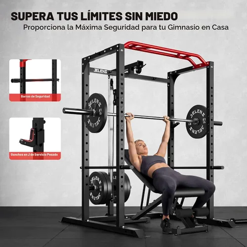 Vista 7 de Jaula de potencia JELENS, banco multifunción S11 con capacidad de 2000LBS, barra para sentadillas con sistema de poleas ajustable y más accesorios