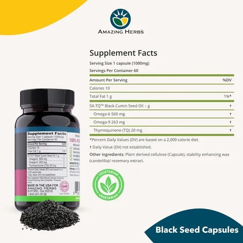 Vista 6 de Amazing Herbs Cápsulas de aceite de semilla negra, pastillas de aceite de semilla negra, cápsulas de aceite de semilla de comino negro, suplemento