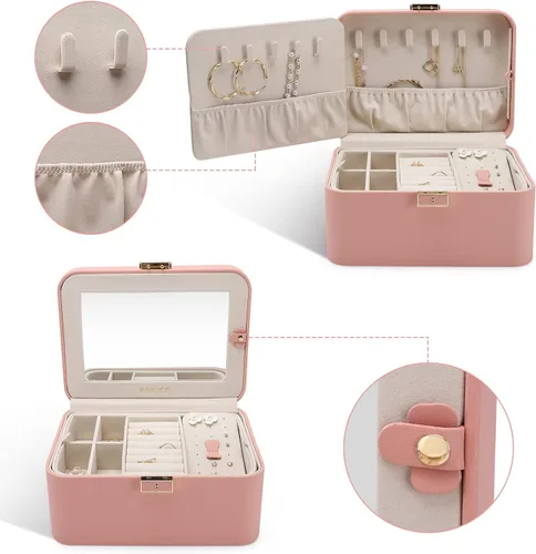 Vista 3 de KAMIER Joyeros para mujer 2 capas de piel sintética caja de joyería de viaje gran capacidad doble cerradura y espejo grande ganchos ocultos