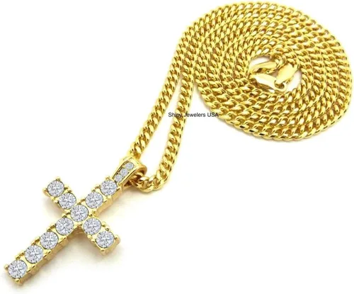 Vista 4 de Collar de cadena cubana con colgante de micro cruz de oro egipcio para hombre