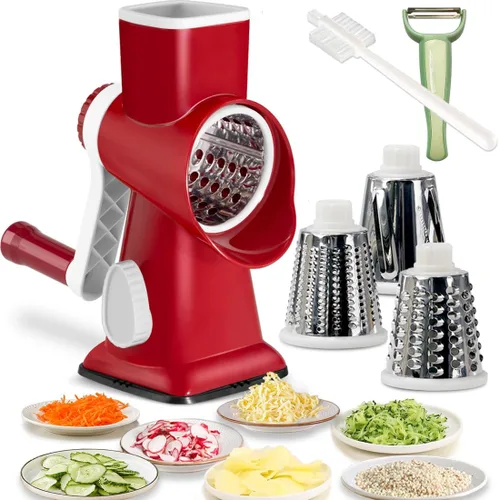 Vista 9 de Rallador giratorio de queso con asa, rebanador de verduras de mandolina manual, triturador de zanahorias, molinillo de nueces con 3 cuchillas