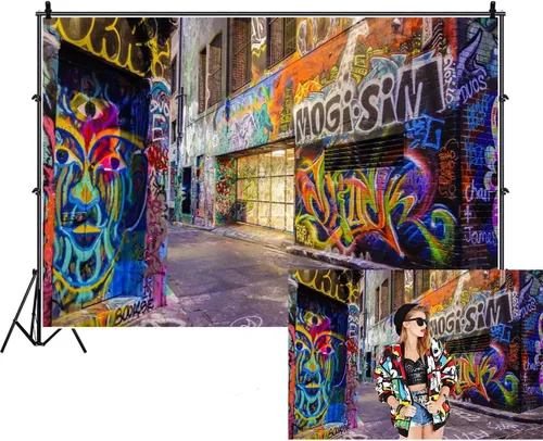 Vista 9 de AOFOTO Fondo de fotografía de pared de graffiti callejero colorido de 4 x 6 pies, decoración de fiesta de club, arte urbano, música punk, concierto