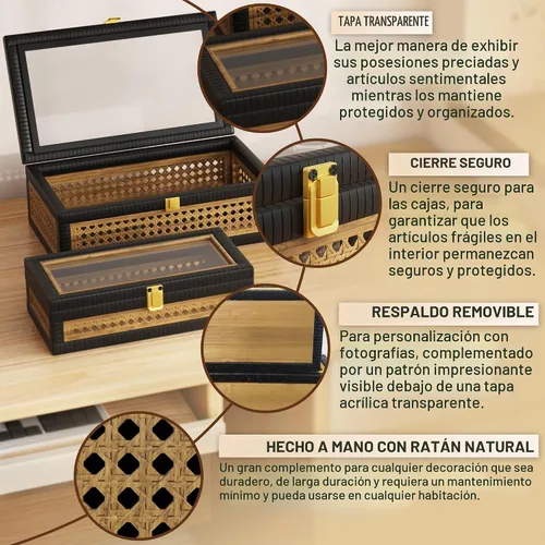 Vista 3 de Caja Decorativa de Ratán, Cajas de Exhibición Boho con Tapas, Juego de 2 Almacenamiento Decorativo Rectangular de Mimbre, Contenedores de Caña