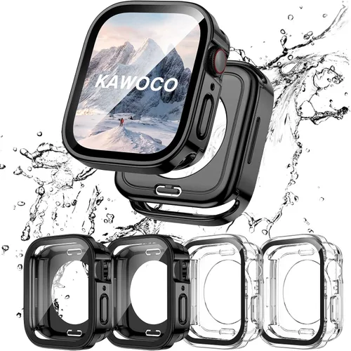 Vista 10 de Paquete de 4 fundas impermeables compatibles con Apple Watch de 1.575 pulgadas Series 6/5/4/SE con protector de pantalla de vidrio templado